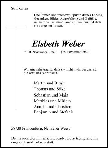 Traueranzeige von Elsbeth Weber von WVW Anzeigenblätter