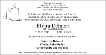 Traueranzeige von Elvira Dehnert von WVW Anzeigenblätter