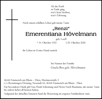 Traueranzeige von Emerentiana Hövelmann von WVW Anzeigenblätter
