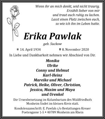 Traueranzeige von Erika Pawlak von WVW Anzeigenblätter
