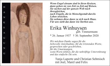 Traueranzeige von Erika Winhuysen von WVW Anzeigenblätter