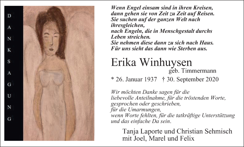  Traueranzeige für Erika Winhuysen vom 07.11.2020 aus WVW Anzeigenblätter