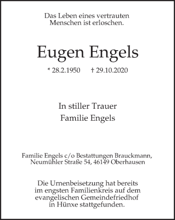 Traueranzeige von Eugen Engels von WVW Anzeigenblätter