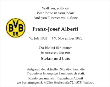 Traueranzeige von Franz-Josef Alberti von WVW Anzeigenblätter