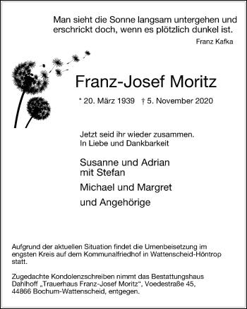 Traueranzeige von Franz-Josef Moritz von WVW Anzeigenblätter