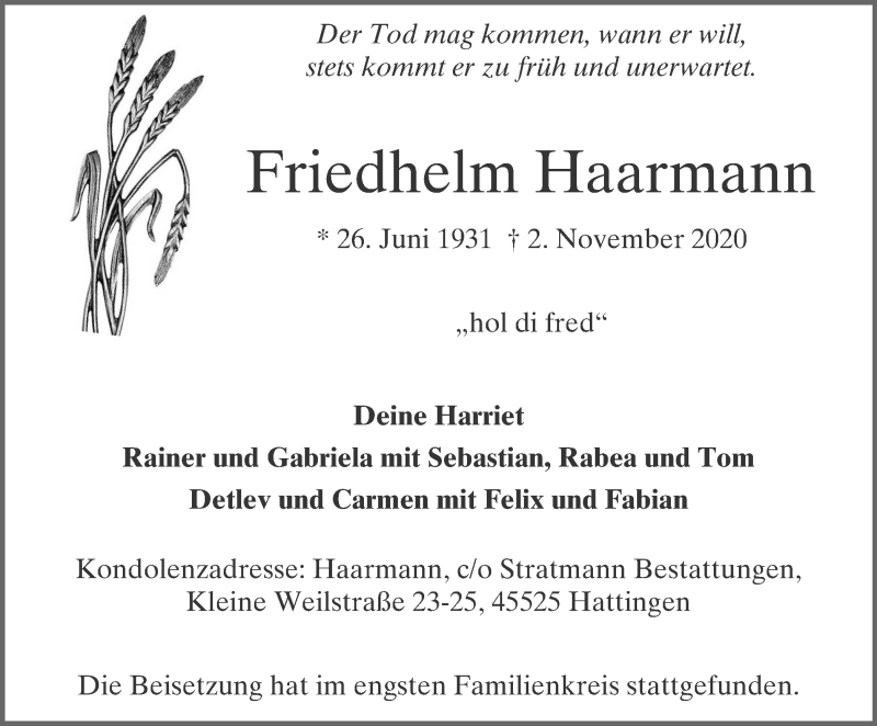  Traueranzeige für Friedhelm Haarmann vom 14.11.2020 aus WVW Anzeigenblätter