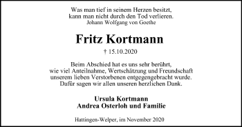 Traueranzeige von Fritz Kortmann von WVW Anzeigenblätter