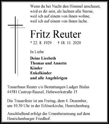 Traueranzeige von Fritz Reuter von WVW Anzeigenblätter
