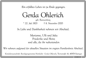 Traueranzeige von Gerda Ohlerich von WVW Anzeigenblätter