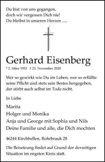 Traueranzeige von Gerhard Eisenberg von WVW Anzeigenblätter