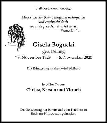Traueranzeige von Gisela Bogucki von WVW Anzeigenblätter