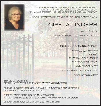 Traueranzeige von Gisela Linders von WVW Anzeigenblätter