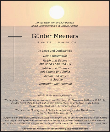 Traueranzeige von Günter Meeners von WVW Anzeigenblätter