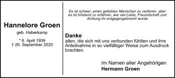 Traueranzeige von Hannelore Groen von WVW Anzeigenblätter