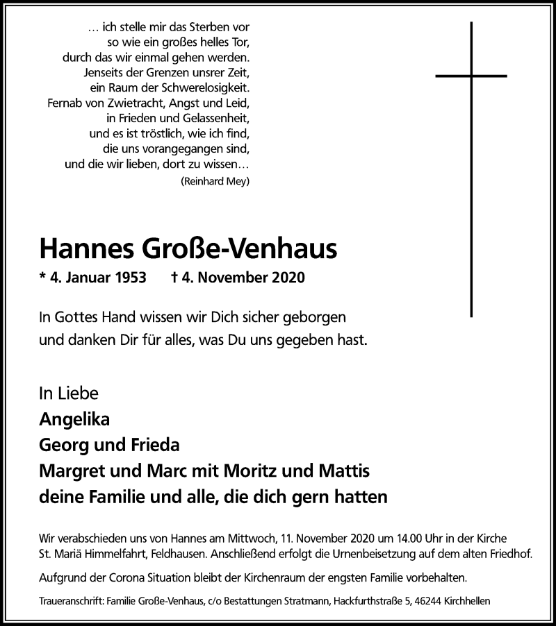  Traueranzeige für Hannes Große-Venhaus vom 07.11.2020 aus WVW Anzeigenblätter