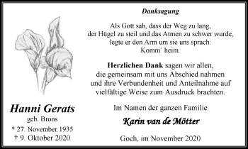 Traueranzeige von Hanni Gerats von WVW Anzeigenblätter