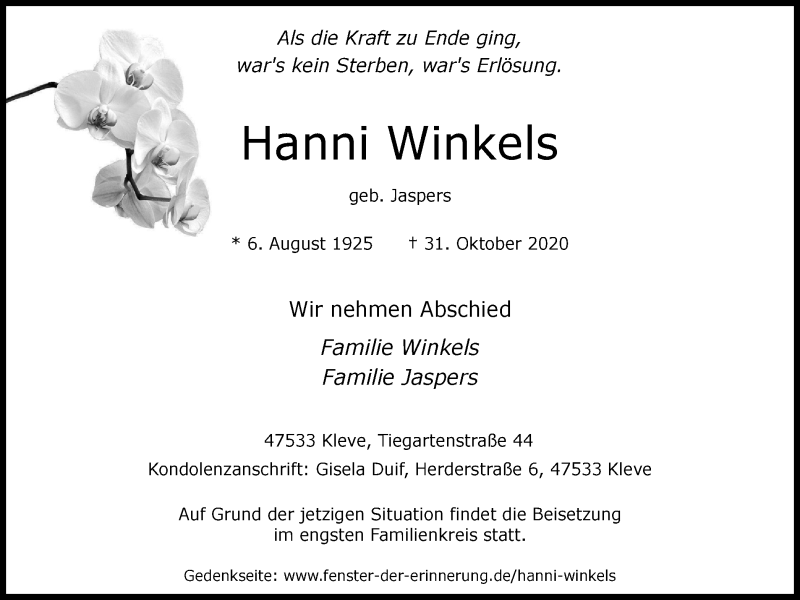  Traueranzeige für Hanni Winkels vom 07.11.2020 aus WVW Anzeigenblätter