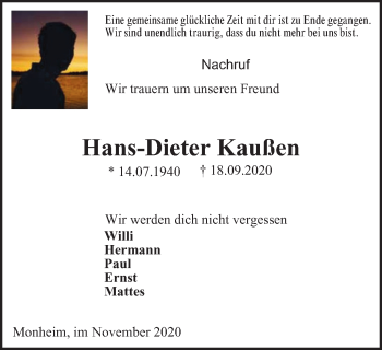 Traueranzeige von Hans-Dieter Kaußen von WVW Anzeigenblätter