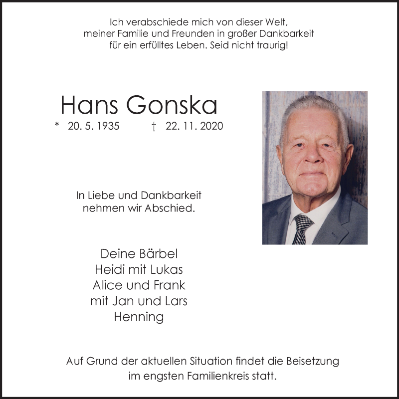  Traueranzeige für Hans Gonska vom 28.11.2020 aus WVW Anzeigenblätter