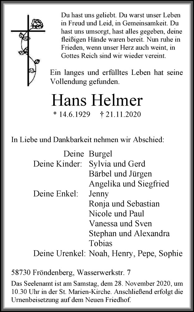  Traueranzeige für Hans Helmer vom 25.11.2020 aus WVW Anzeigenblätter