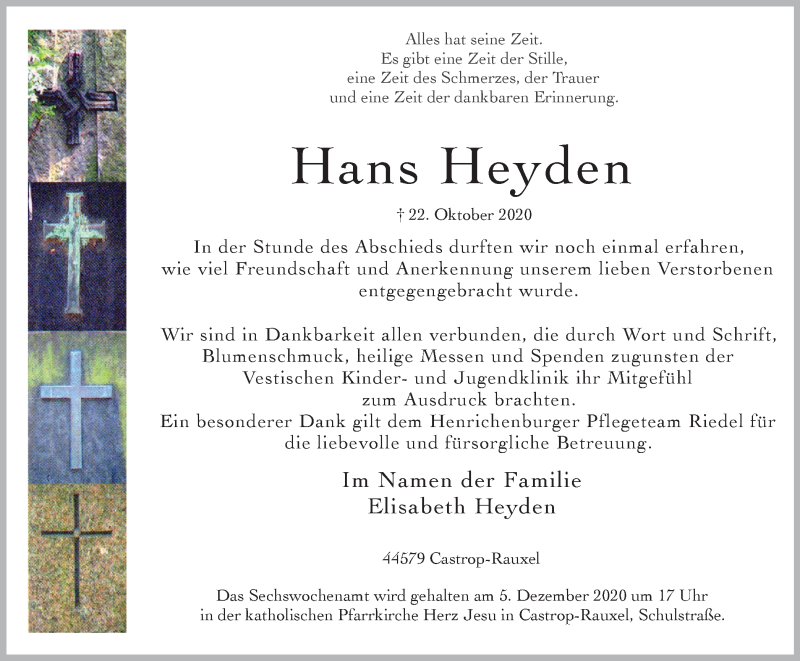  Traueranzeige für Hans Heyden vom 28.11.2020 aus WVW Anzeigenblätter
