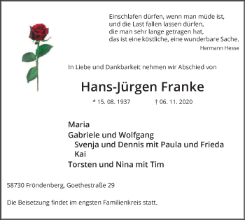Traueranzeige von Hans-Jürgen Franke von WVW Anzeigenblätter