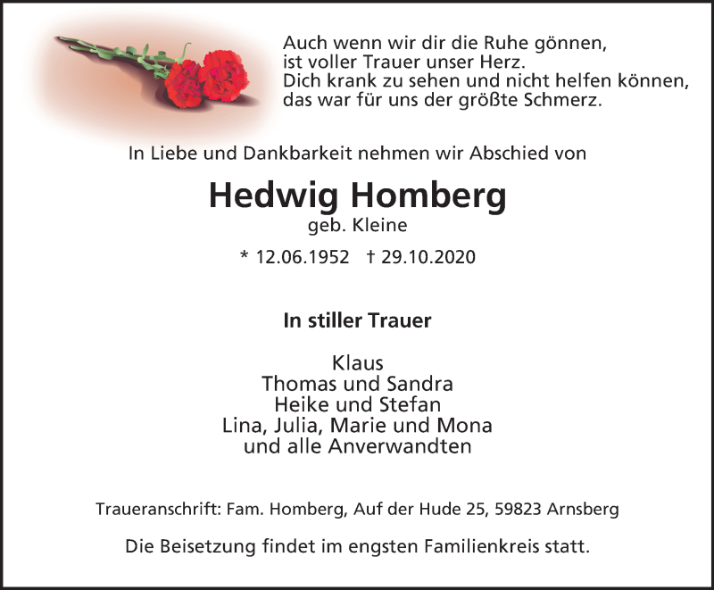  Traueranzeige für Hedwig Homberg vom 07.11.2020 aus WVW Anzeigenblätter