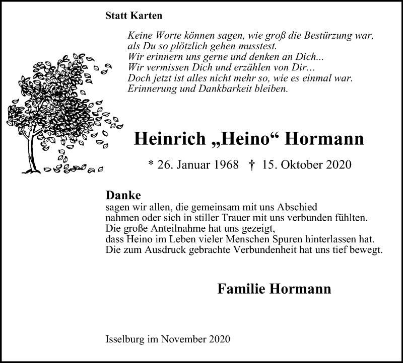  Traueranzeige für Heinrich Hormann vom 28.11.2020 aus WVW Anzeigenblätter