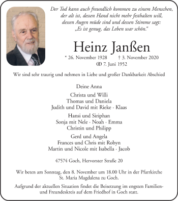 Traueranzeige von Heinz Janßen von WVW Anzeigenblätter