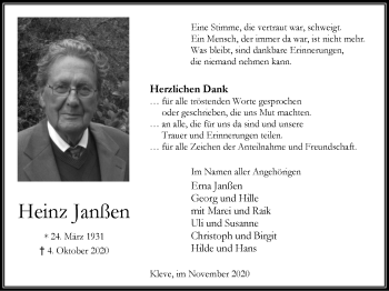 Traueranzeige von Heinz Janßen von WVW Anzeigenblätter