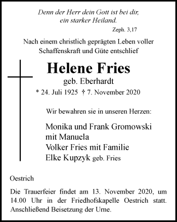 Traueranzeige von Helene Fries von WVW Anzeigenblätter