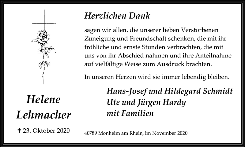  Traueranzeige für Helene Lehmacher vom 25.11.2020 aus WVW Anzeigenblätter