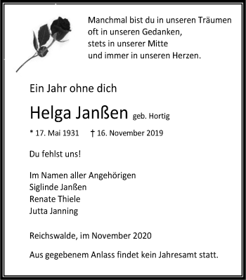 Traueranzeige von Helga Janßen von WVW Anzeigenblätter