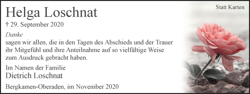  Traueranzeige für Helga Loschnat vom 18.11.2020 aus WVW Anzeigenblätter
