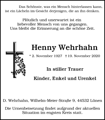 Traueranzeige von Henny Wehrhahn von WVW Anzeigenblätter