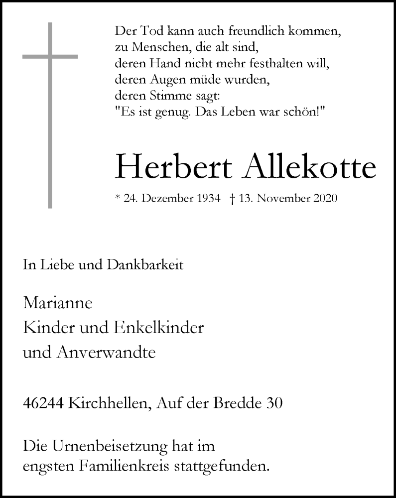  Traueranzeige für Herbert Allekotte vom 21.11.2020 aus WVW Anzeigenblätter