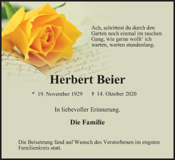 Traueranzeige von Herbert Beier von WVW Anzeigenblätter
