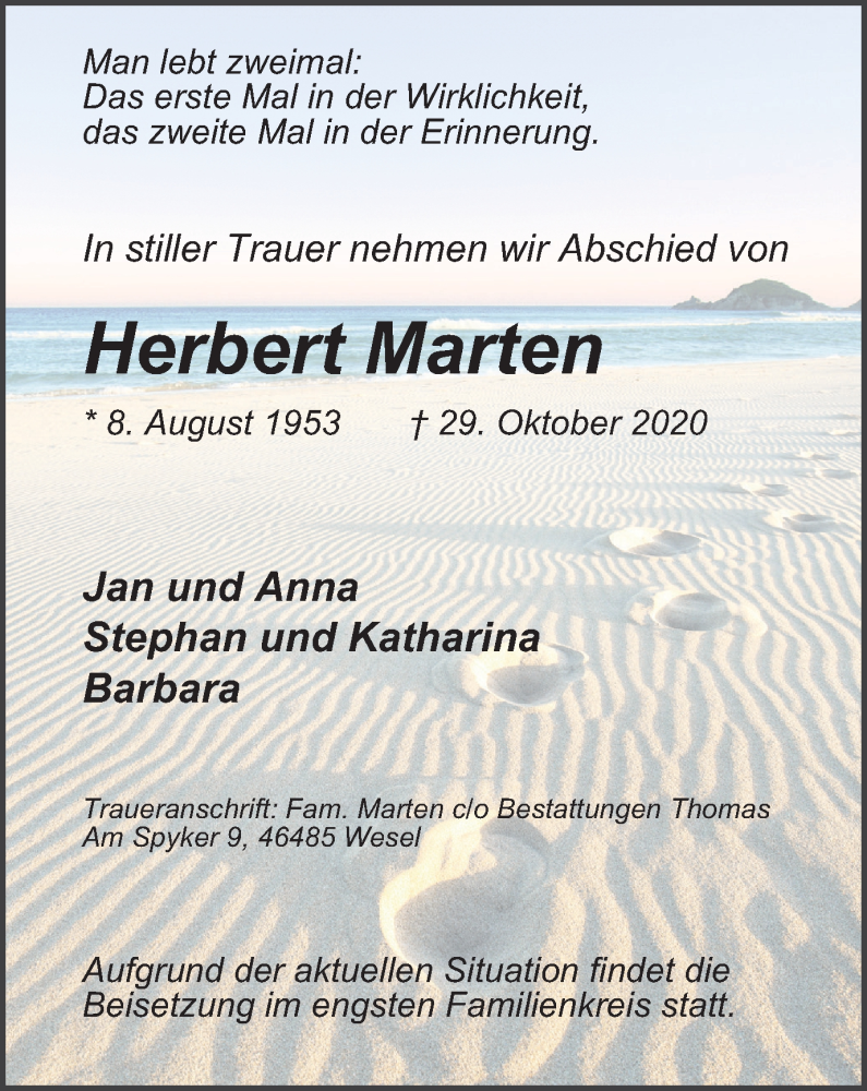  Traueranzeige für Herbert Marten vom 04.11.2020 aus WVW Anzeigenblätter