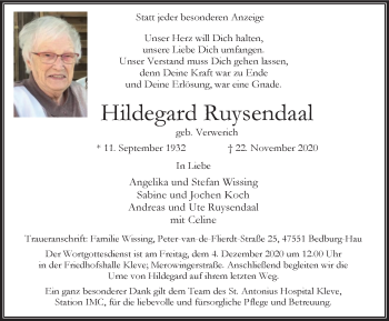 Traueranzeige von Hildegard Ruysendaal von WVW Anzeigenblätter