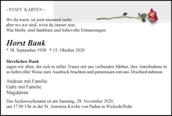 Traueranzeige von Horst Bank von WVW Anzeigenblätter