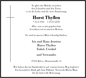 Traueranzeige von Horst Thyßen von WVW Anzeigenblätter