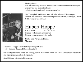 Traueranzeige von Hubert Hoppe von WVW Anzeigenblätter