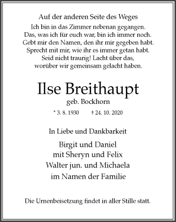 Traueranzeige von Ilse Breithaupt von WVW Anzeigenblätter