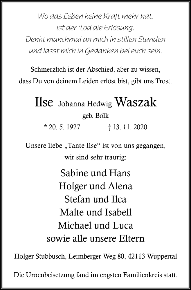  Traueranzeige für Ilse Johanna Hedwig Waszak vom 28.11.2020 aus WVW Anzeigenblätter
