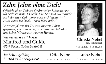 Traueranzeige von Im Gedenken Nebel von WVW Anzeigenblätter