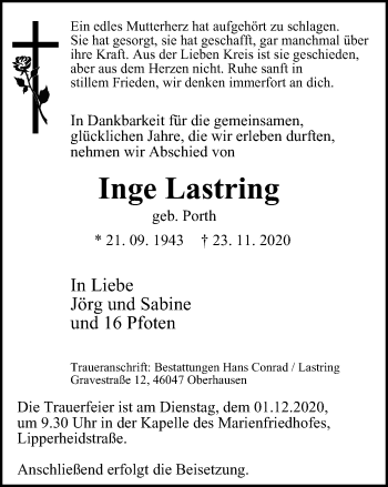 Traueranzeige von Inge Lastring von WVW Anzeigenblätter