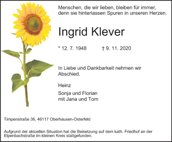 Traueranzeige von Ingrid Klever von WVW Anzeigenblätter
