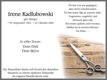 Traueranzeige von Irene Kadlubowski von WVW Anzeigenblätter