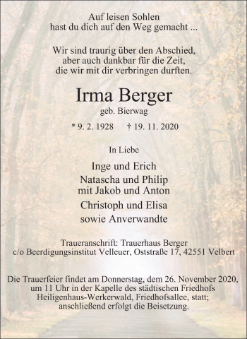 Traueranzeige von Irma Berger von WVW Anzeigenblätter
