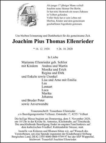 Traueranzeige von Joachim Pius Thomas Ellenrieder von WVW Anzeigenblätter